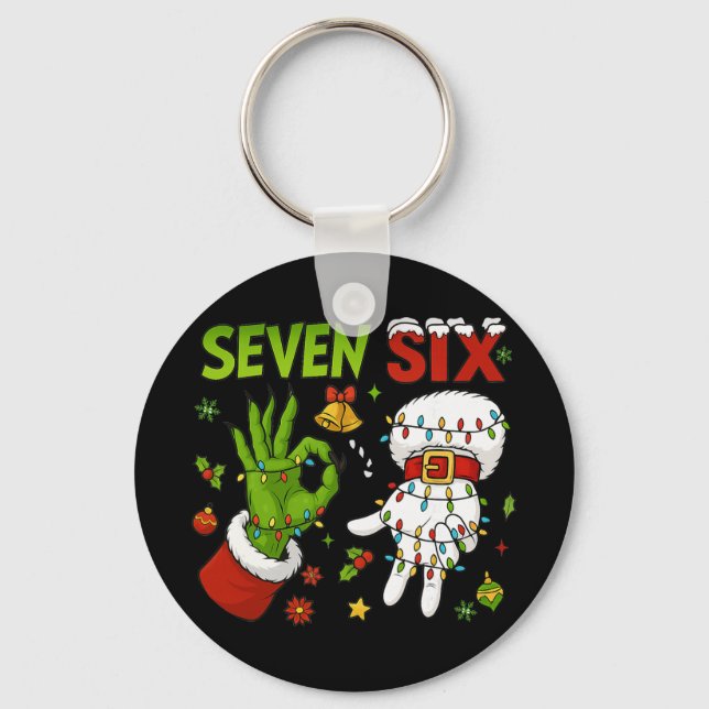 Funny Six Seven 67 Meme 6 7 Christmas Elf Hand Boy Keychain (Front)