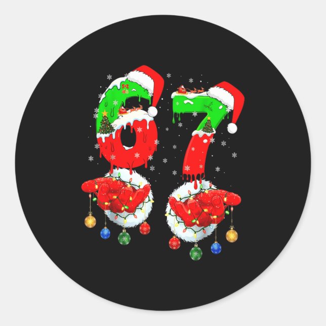 Funny Six Seven 67 Meme 6 7 Christmas Santa Hand B Classic Round Sticker (Front)