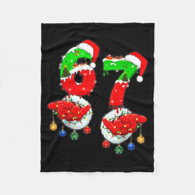 Funny Six Seven 67 Meme 6 7 Christmas Santa Hand B Fleece Blanket (Front)