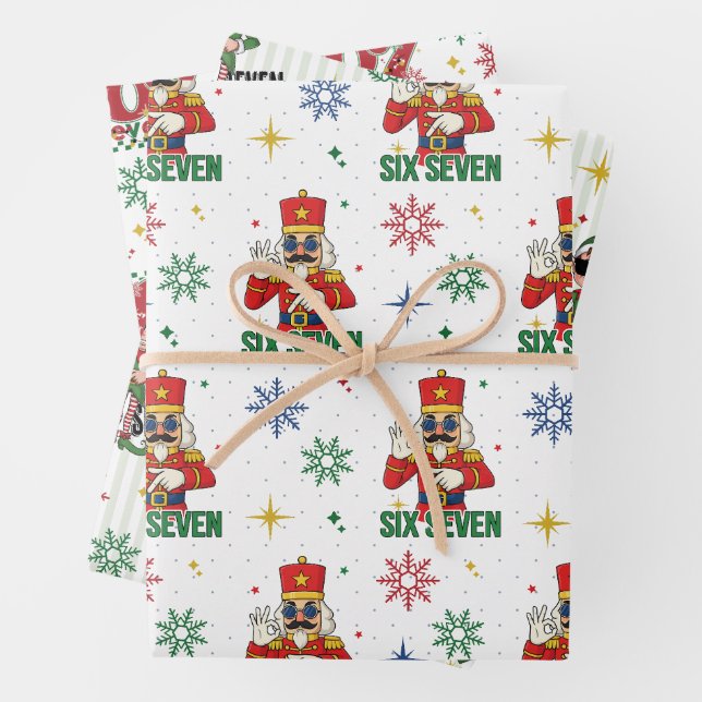 Funny Six Seven 67 Meme Retro Xmas Humor Character Wrapping Paper Sheet (In situ)