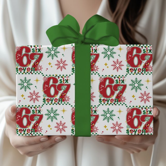 Funny Six Seven 67 Meme Retro Xmas Humor Christmas Wrapping Paper (Funny Six-Seven 67 retro checkerboard snowflake red green fun Christmas xmas Holiday wrapping paper)