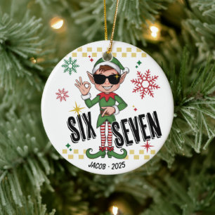 Funny Six Seven 67 Meme Xmas Elf Holiday Custom Ceramic Ornament