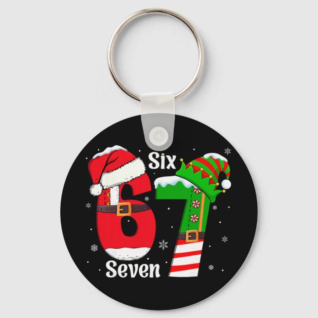 Funny Six Seven 6 7 Meme Gen Alpha Slang Santa Elf Keychain (Front)