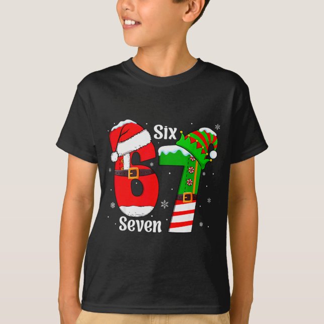 Funny Six Seven 6 7 Meme Gen Alpha Slang Santa Elf T-Shirt (Front)