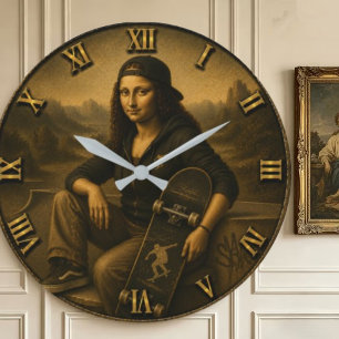 Funny Skateboard Mona Lisa Urban Street Style Gift Large Clock