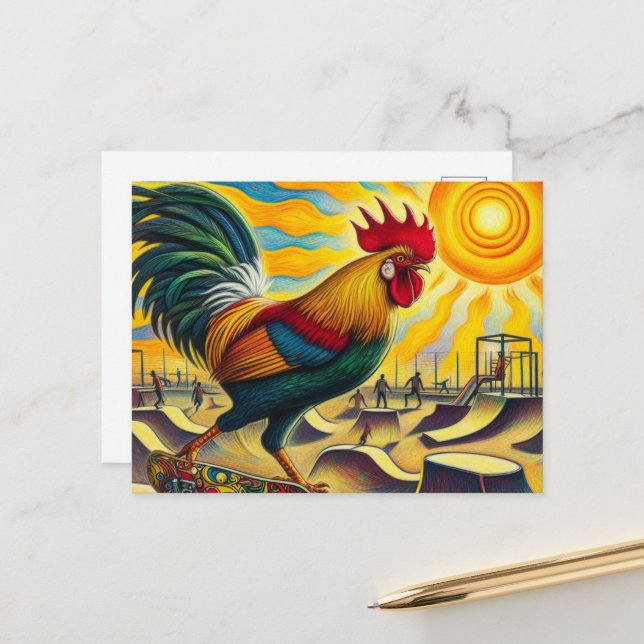 Funny Skateboarding Rooster Postcard (Front/Back In Situ)