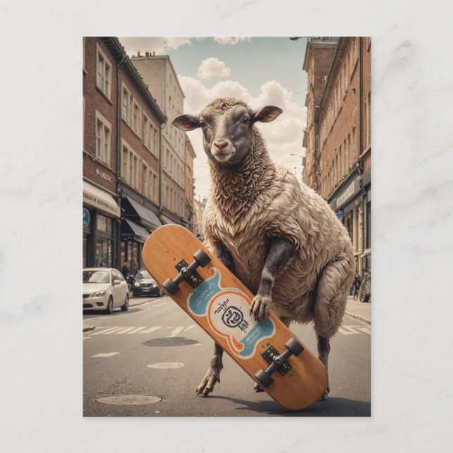 Funny Skateboarding Sheep on a City Street Postcard (Front)