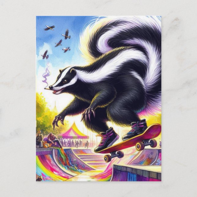 Funny Skateboarding Skunk Smoking Postcard (Front)