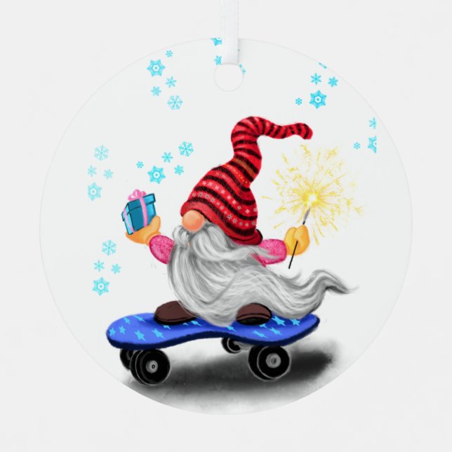 Funny Skater Gnome with Gifts Christmas Ornament (Front)