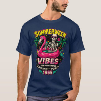 Funny Skeleton 1955 Summerween Vibes Flamingo Pool T-Shirt
