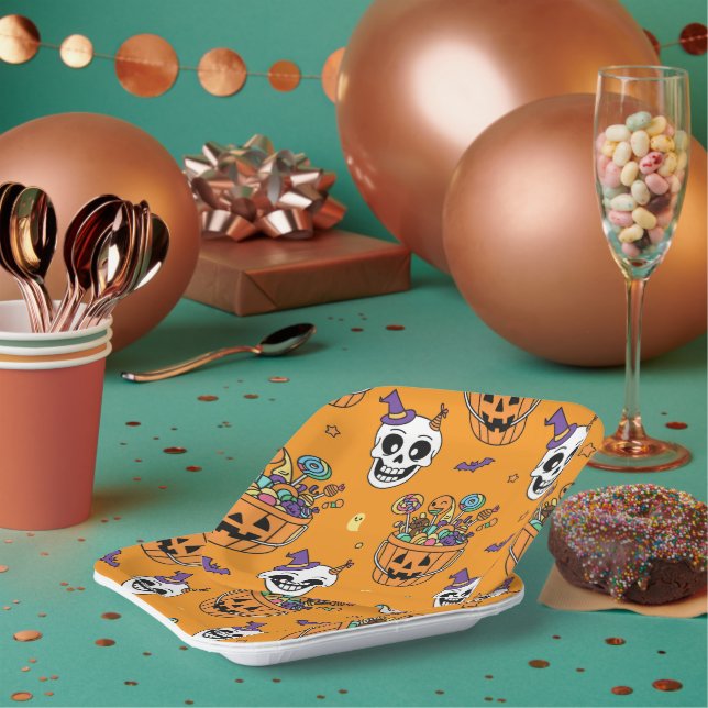 Funny Skeleton And Candy For Halloween Paper Plate (Multi)