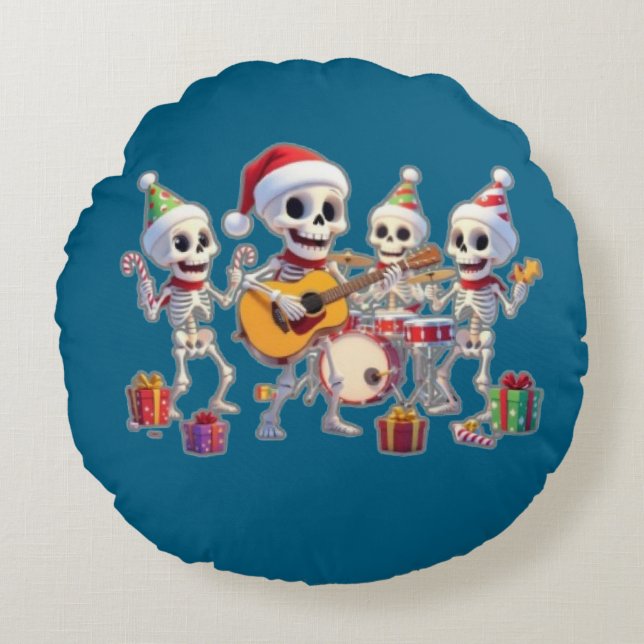 Funny Skeleton Band Christmas & New Year – 3D Cart Round Pillow (Front)