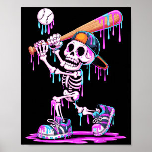 Funny Skeleton Baseball Drip Boys Youth Kids Poster