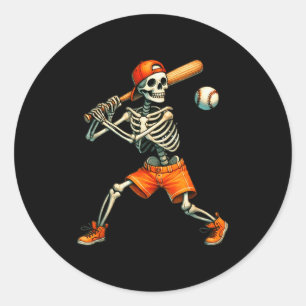 Funny Skeleton Batting Baseball Halloween Boys Men Classic Round Sticker
