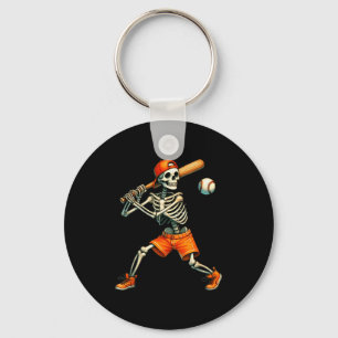 Funny Skeleton Batting Baseball Halloween Boys Men Keychain