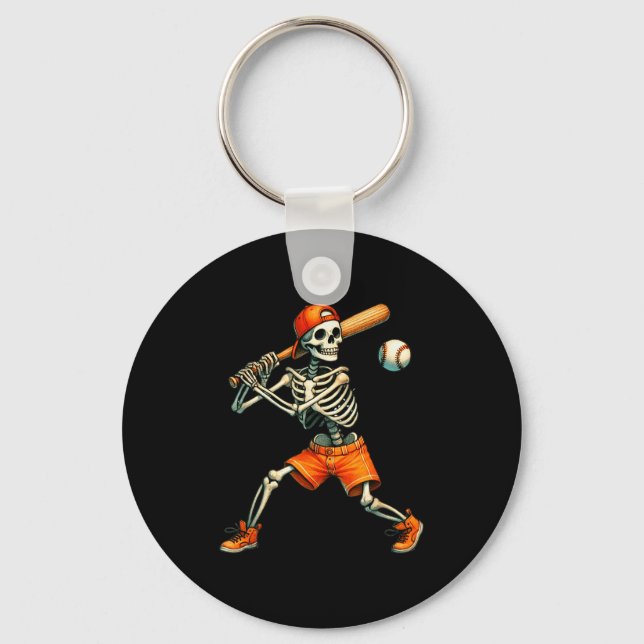 Funny Skeleton Batting Baseball Halloween Boys Men Keychain (Front)