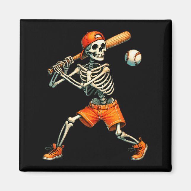 Funny Skeleton Batting Baseball Halloween Boys Men Magnet (Front)