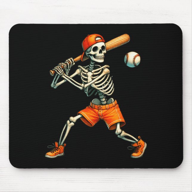 Funny Skeleton Batting Baseball Halloween Boys Men Mouse Pad (Front)