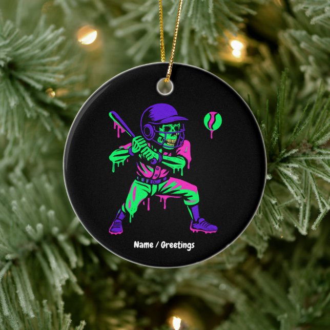 Funny Skeleton Batting Ice Cream Dripping Baseball Ceramic Ornament (Tree)