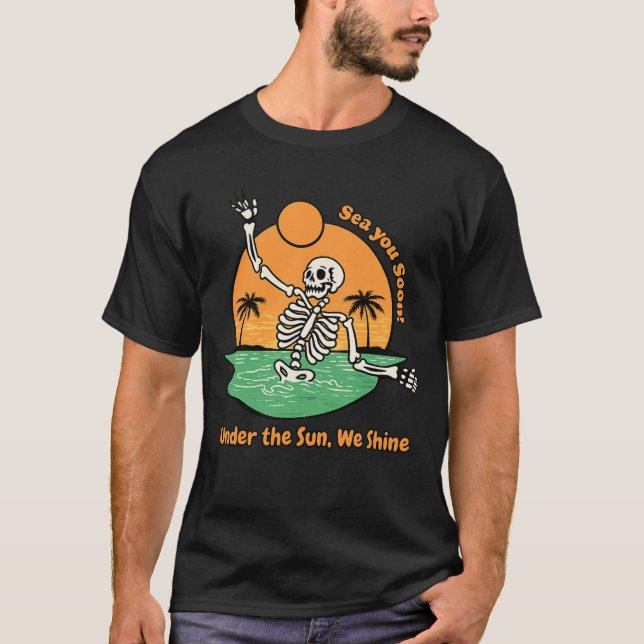 Funny Skeleton Beach Sunset T-Shirt (Front)