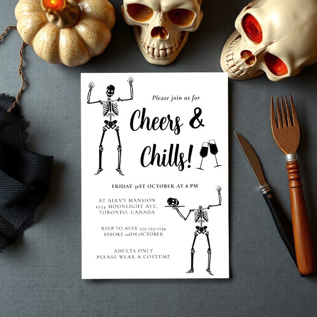 Funny Skeleton Black & White Halloween Party Invitation (Creator Uploaded)
