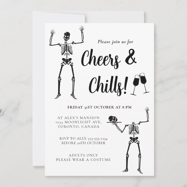 Funny Skeleton Black & White Halloween Party Invitation (Front)