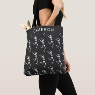 Funny Skeleton Black White Personalized Halloween Tote Bag