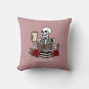Funny Skeleton Book and Coffee Lover  Throw Pillow