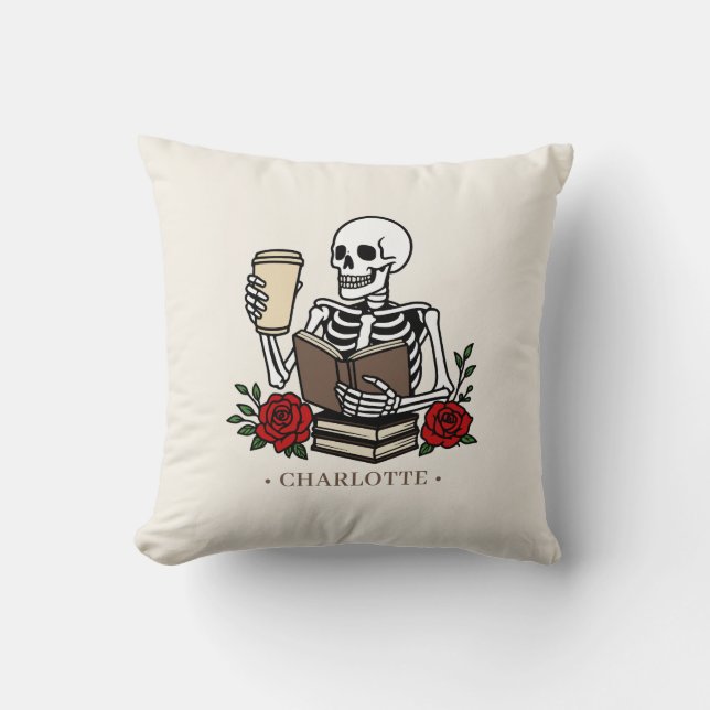 Funny Skeleton Book and Coffee Lover  Throw Pillow (Front)