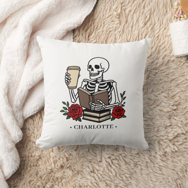 Funny Skeleton Book and Coffee Lover  Throw Pillow (Blanket)