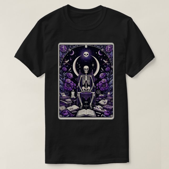 Funny Skeleton Book Lover Tarot d The Reader Funny T-Shirt (Design Front)