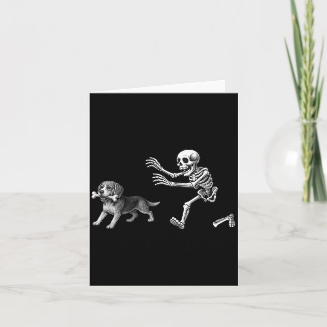 Funny Skeleton Chasing Beagle Dog Halloween Dogs Card (Front)