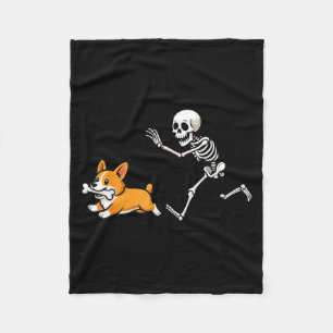 Funny Skeleton Chasing Corgi Halloween Dog Mom Pet Fleece Blanket