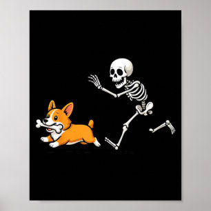 Funny Skeleton Chasing Corgi Halloween Dog Mom Pet Poster