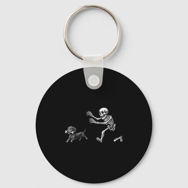 Funny Skeleton Chasing Dachshund Dog Halloween Dog Keychain (Front)