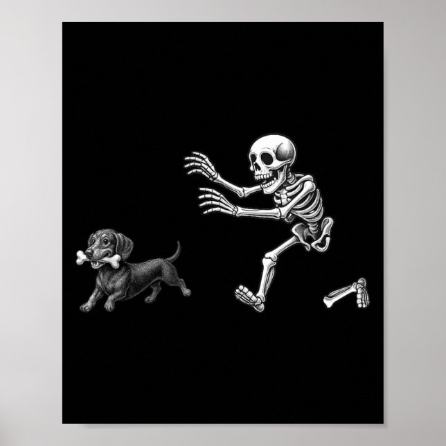 Funny Skeleton Chasing Dachshund Dog Halloween Poster (Front)