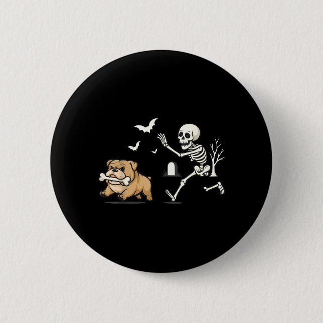 Funny Skeleton Chasing French Bulldog Halloween 2 Inch Round Button (Front)