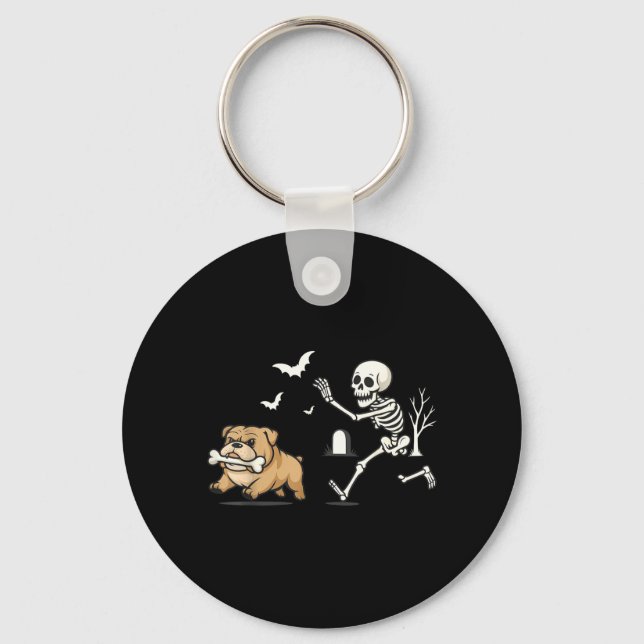 Funny Skeleton Chasing French Bulldog Halloween Keychain (Front)
