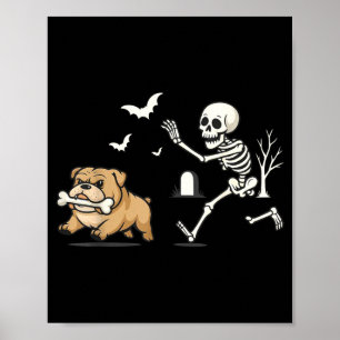 Funny Skeleton Chasing French Bulldog Halloween Poster