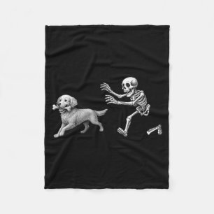 Funny Skeleton Chasing Golden Retriever Halloween Fleece Blanket