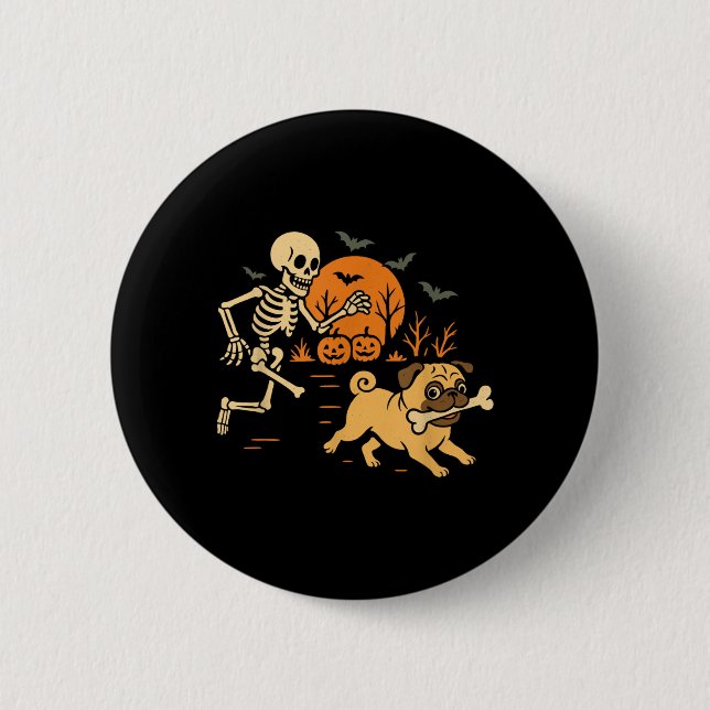 Funny Skeleton Chasing Pug Halloween Costume Dog 2 Inch Round Button (Front)