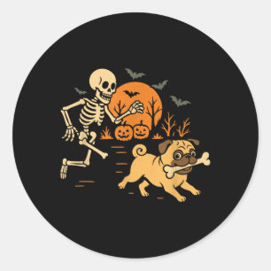 Funny Skeleton Chasing Pug Halloween Costume Dog Classic Round Sticker