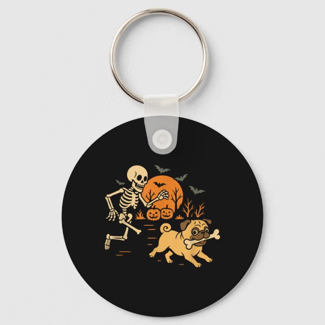 Funny Skeleton Chasing Pug Halloween Costume Dog Keychain (Front)