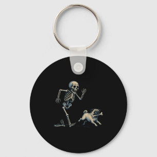 Funny Skeleton Chasing Pug Halloween Dog Mom Pug L Keychain