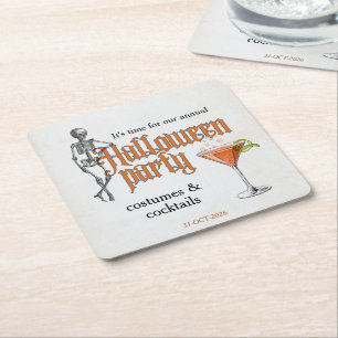 Funny Skeleton Cocktail Office Halloween Party Square Paper Coaster