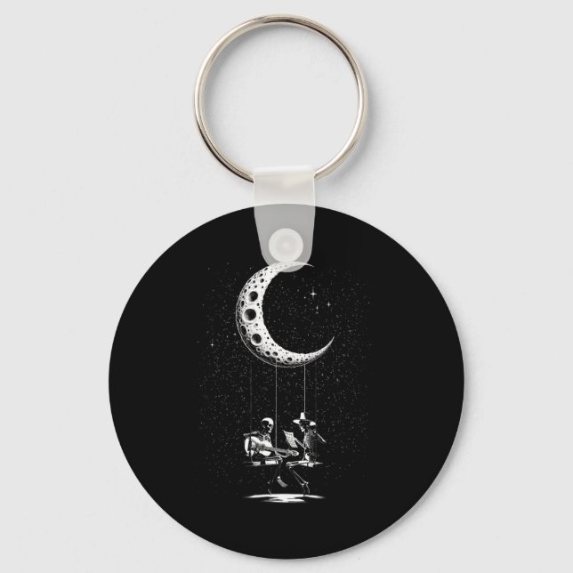 Funny Skeleton Couple Moon Playing Guitar Hallowee Keychain (Front)