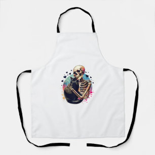 Funny Skeleton Cuddling With a Cat Watercolor Skul Apron