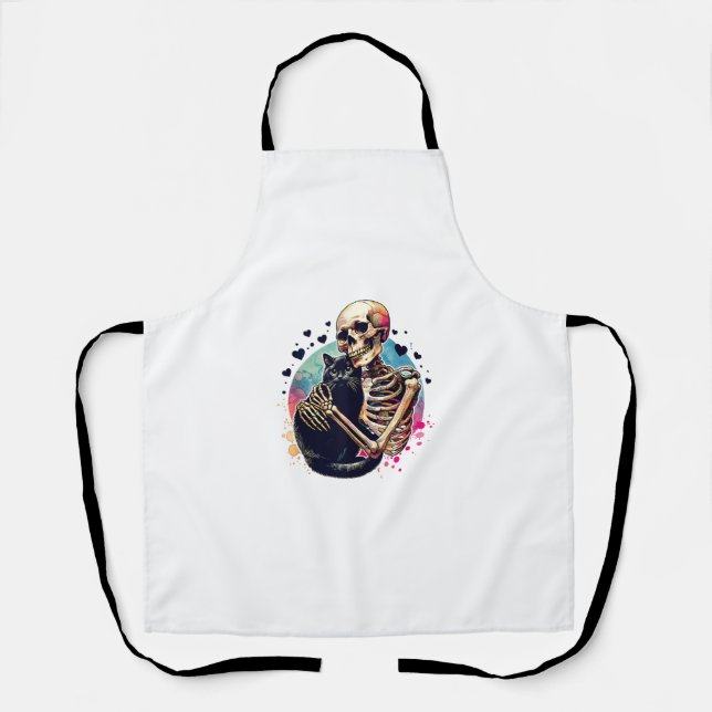 Funny Skeleton Cuddling With a Cat Watercolor Skul Apron (Front)