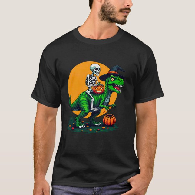 Funny Skeleton Dinosaur T Rex Witch Hat Halloween  T-Shirt (Front)