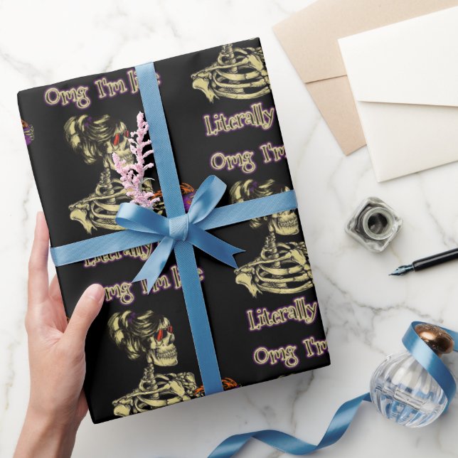 Funny Skeleton Drinking I'm literally Dead Coffee Wrapping Paper (Gifting)